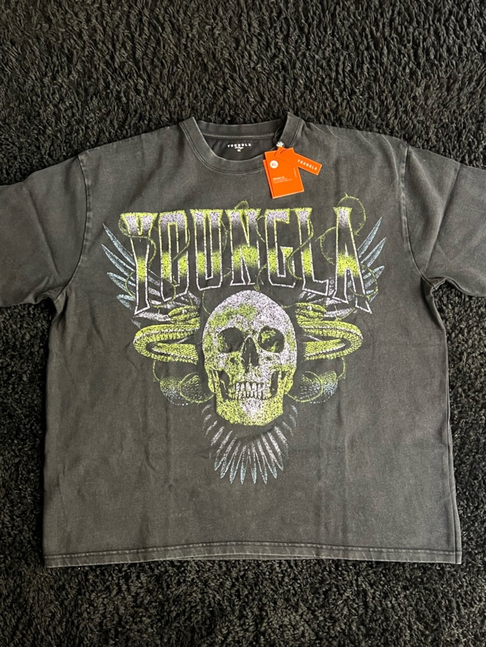YoungLA Black Graphic Tee with Neon Green & Purple Print